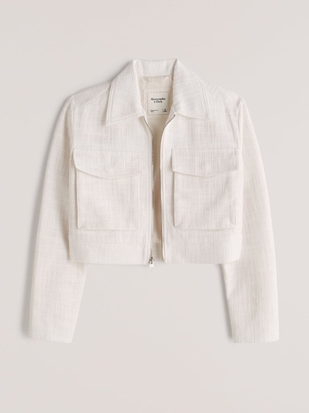 Abercrombie & Fitch Off-White Cropped Tweed Zip Jacket